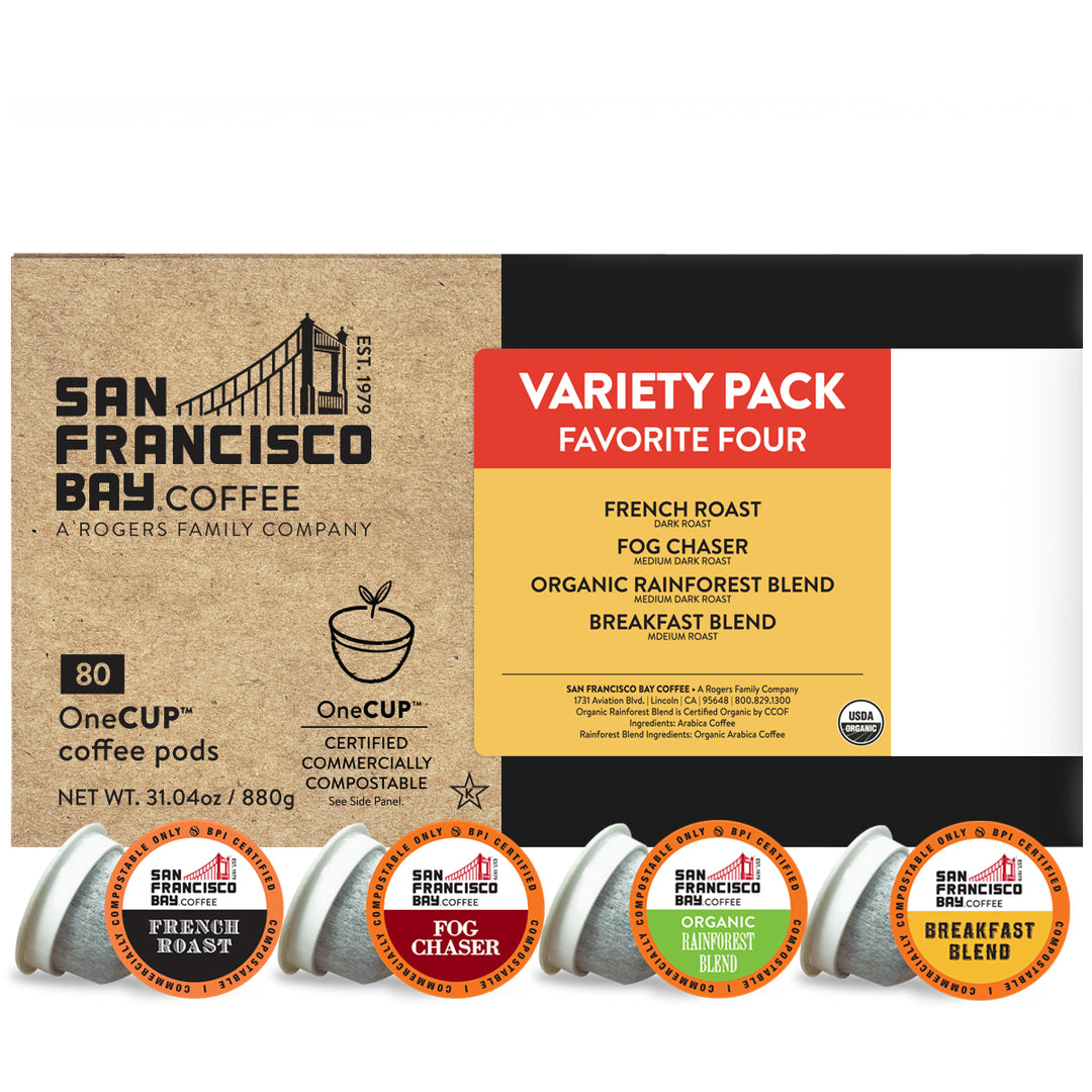 Variety Pack Favorite Four OneCup Pods - French Roast, Fog Chaser, Organic Rainforest Blend, Breakfast Blend - San Francisco Bay Coffee