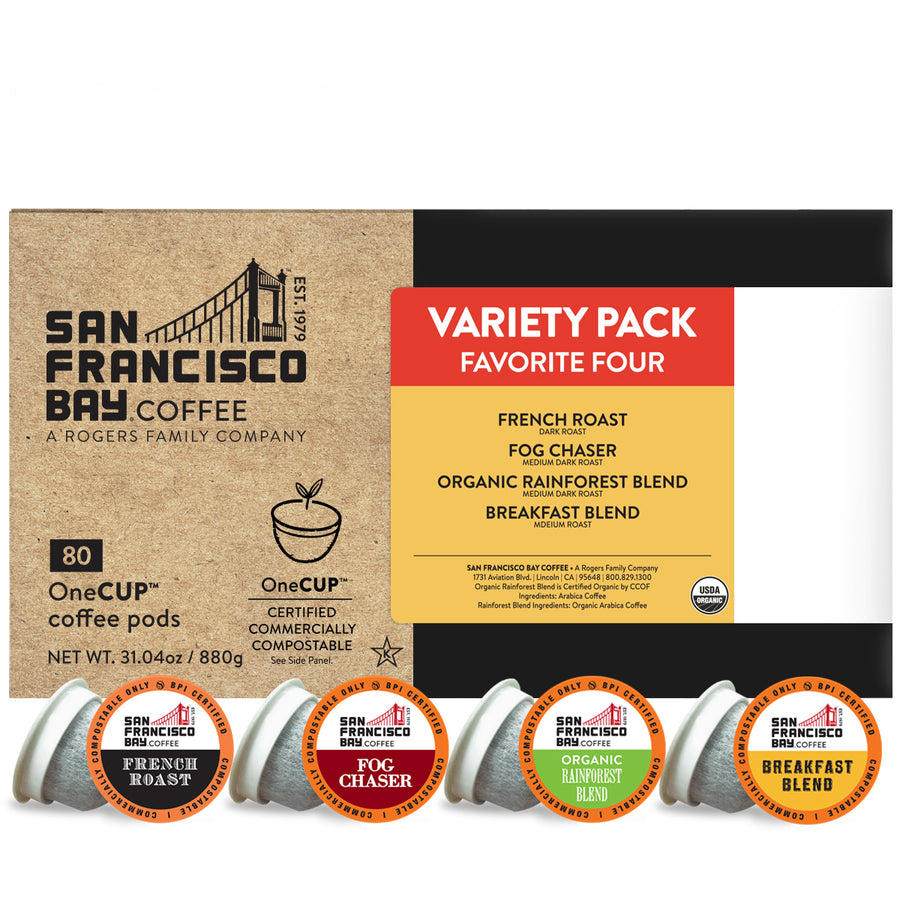 Variety Pack Favorite Four OneCup Pods - French Roast, Fog Chaser, Organic Rainforest Blend, Breakfast Blend - San Francisco Bay Coffee