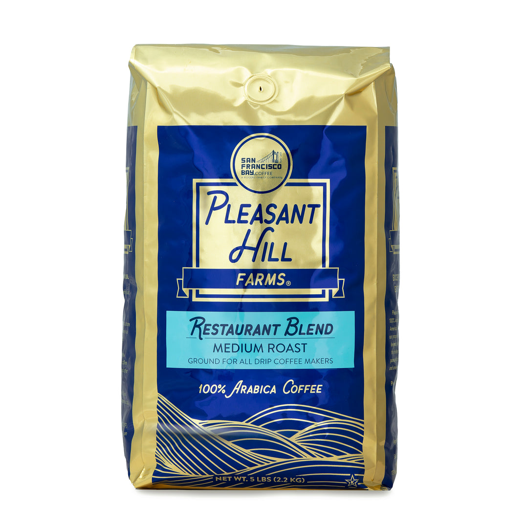 Pleasant Hill Farms Restaurant Blend. Medium- Light Roast. Vanilla Bean, Caramel, and Tangerine.