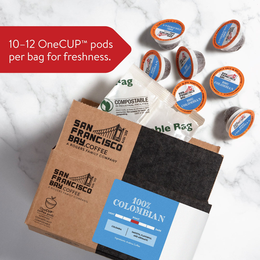 Image of San Francisco Bay Coffee's 100 % Colombian Coffee Pod - Medium Roast - Smooth, Flavorful and Aromatic - Arabica Coffee From Colombia  10-12 OneCUP pods per bag for freshness.