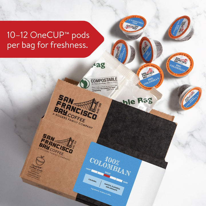 Image of San Francisco Bay Coffee's 100 % Colombian Coffee Pod - Medium Roast - Smooth, Flavorful and Aromatic - Arabica Coffee From Colombia  10-12 OneCUP pods per bag for freshness.