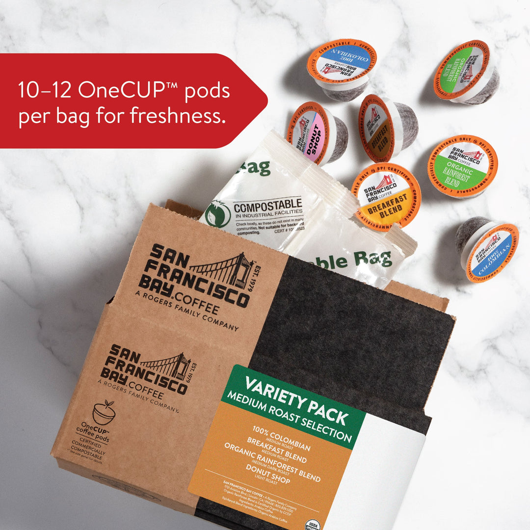 10-12 OneCUP pods per bag for freshness.