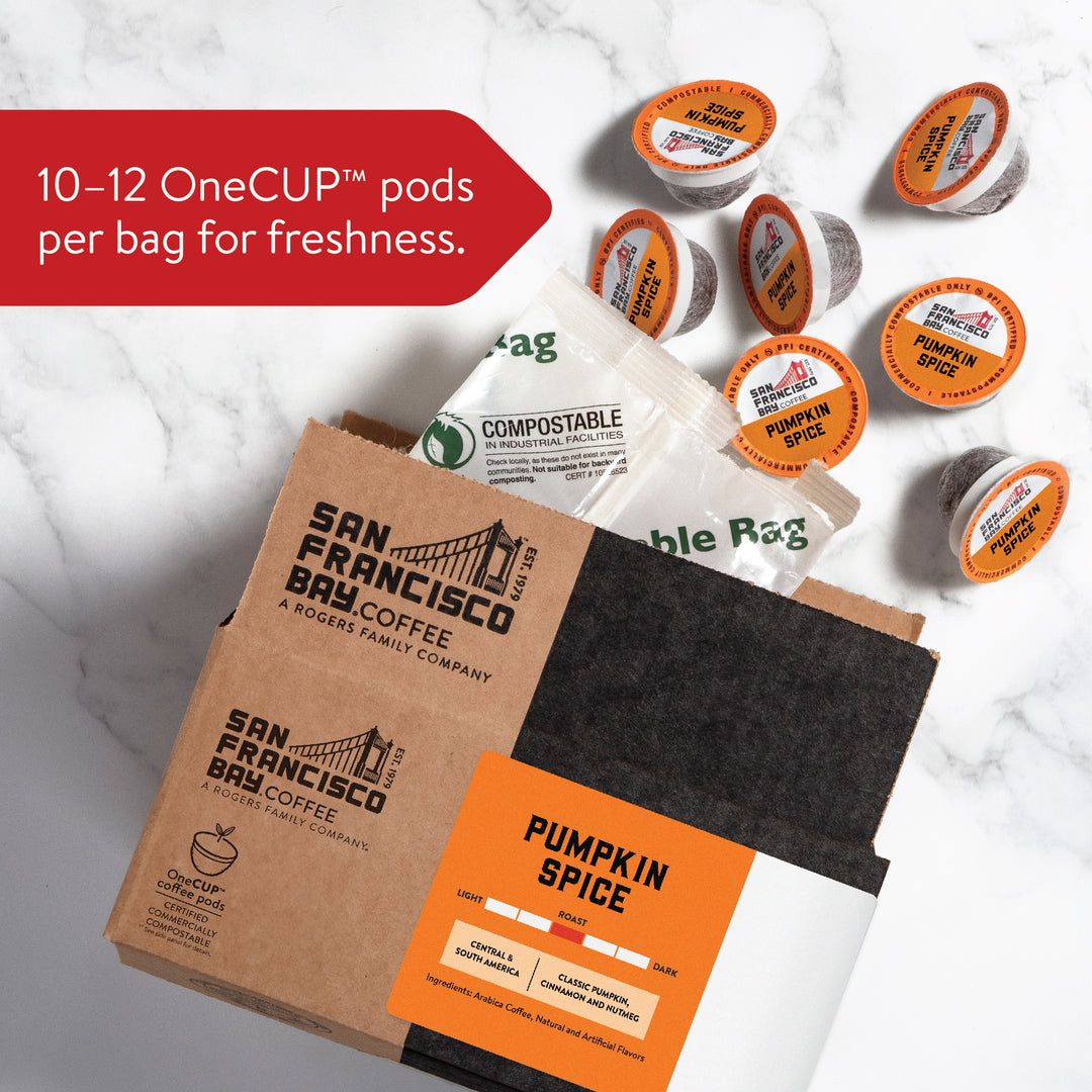 10-12 OneCUP pods per bag for freshness. Pumpkin Spice OneCUP Coffee Pods. Medium Roast. Classic Pumpkin, Cinnamon and Nutmeg. Central & South America.