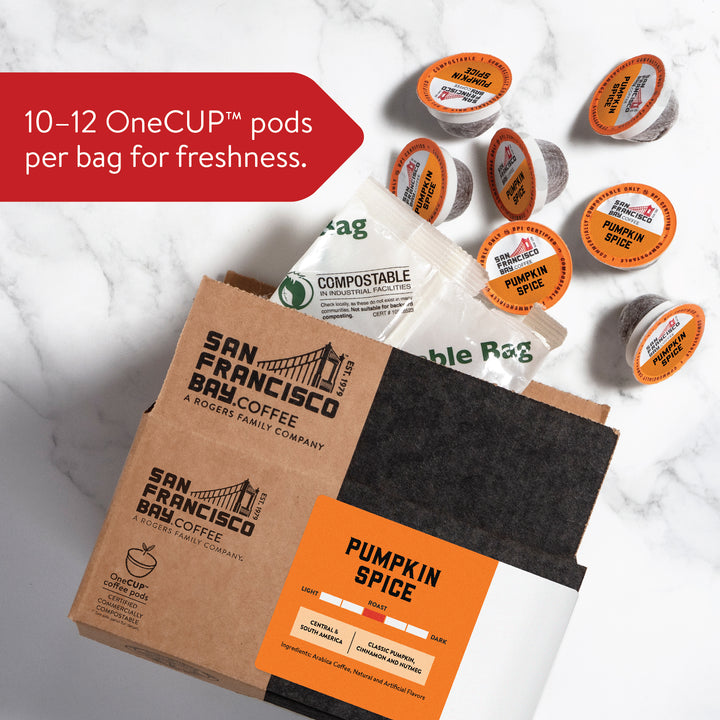 10-12 OneCUP pods per bag for freshness. Pumpkin Spice OneCUP Coffee Pods. Medium Roast. Classic Pumpkin, Cinnamon and Nutmeg. Central & South America.
