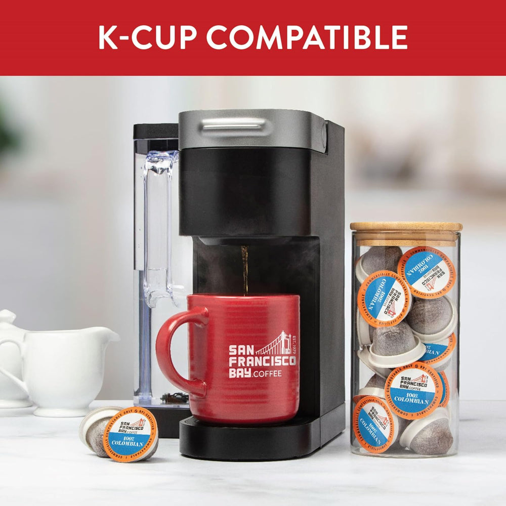 Image of a K-Cup coffee maker with 
100 % Colombian Coffee Pod - Medium Roast - Smooth, Flavorful and Aromatic - Arabica Coffee From Colombia