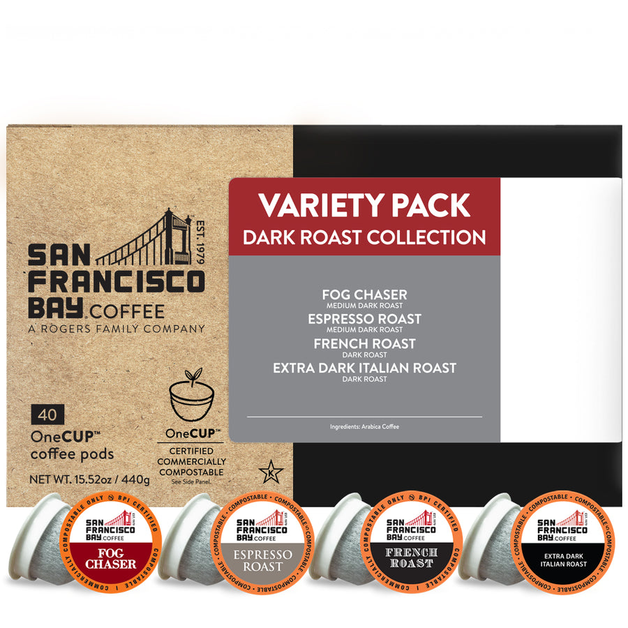 Variety Pack of Dark Roast Collection of One Cup Pods - Fog Chaser, Espresso Roast, French Roast and Extra Dark Italian Roast - San Francisco Bay Coffee