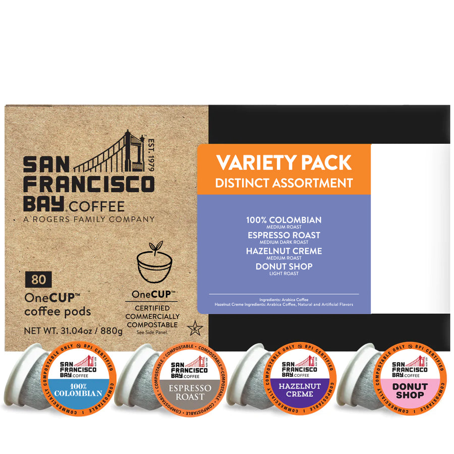 Variety Pack Distinct Assortment One Cup Pods - 100% Colombian, Espresso Roast, Hazelnut Creme, Donut Shop - San Francisco Bay Coffee