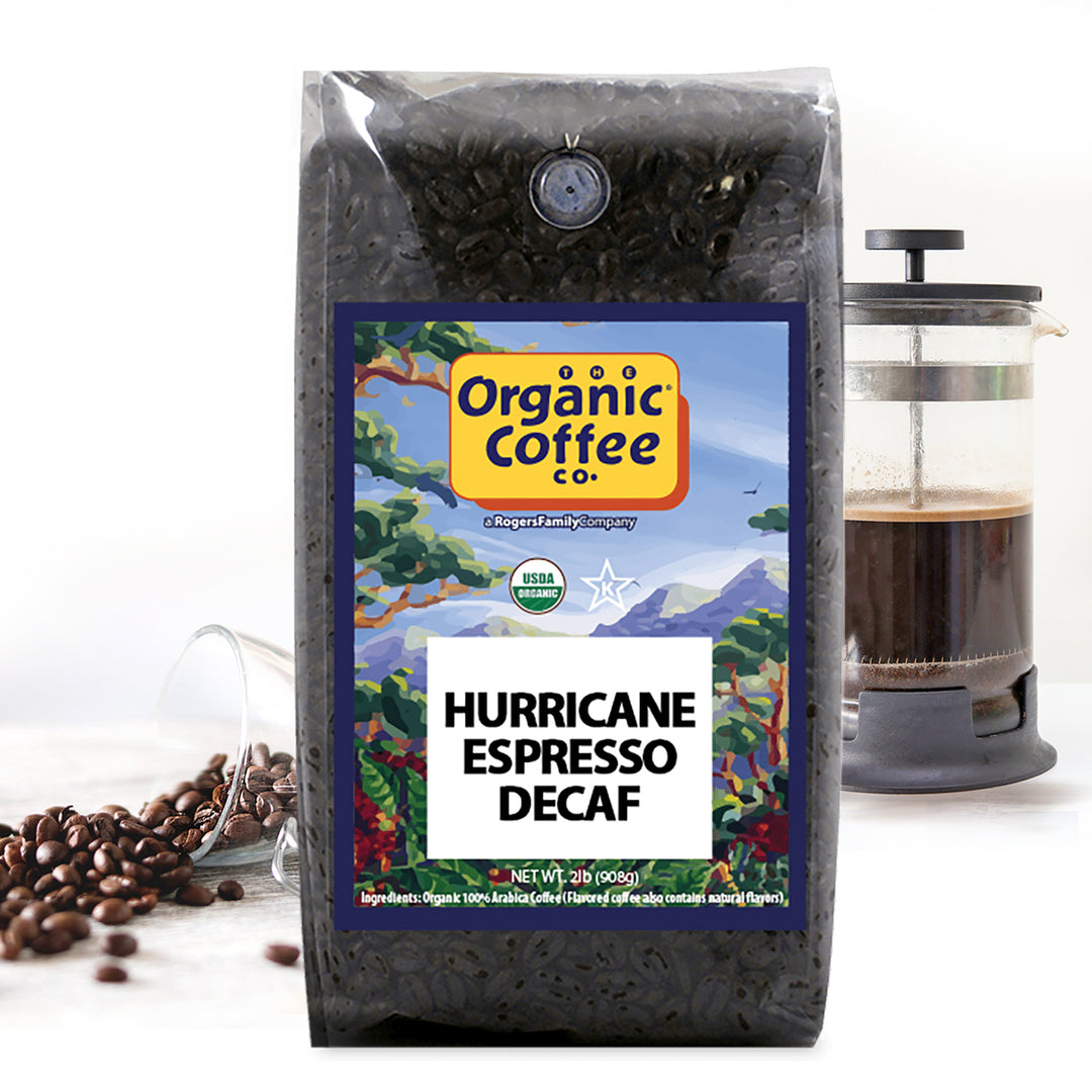 Hurricane Espresso Decaf. Whole Beans. Medium-Dark Blend. Central America. Milk Chocolate, Dark Berries, and Brown Spice.