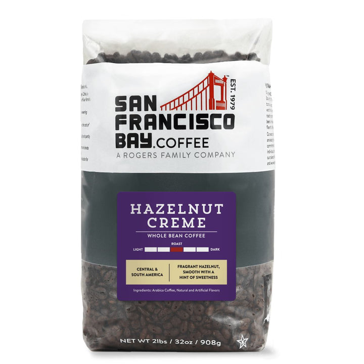 Hazelnut Creme Whole Bean Coffee. Medium Roast. Central & South America. Fragrant Hazelnut, Smooth with a Hint of Sweetness.