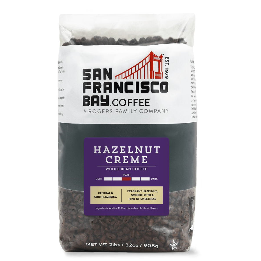 Hazelnut Creme Whole Bean Coffee. Medium Roast. Central & South America. Fragrant Hazelnut, Smooth with a Hint of Sweetness.