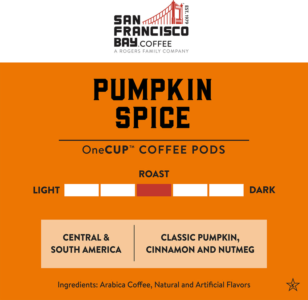 Pumpkin Spice OneCUP Coffee Pods. Medium Roast. Classic Pumpkin, Cinnamon and Nutmeg. Central & South America.