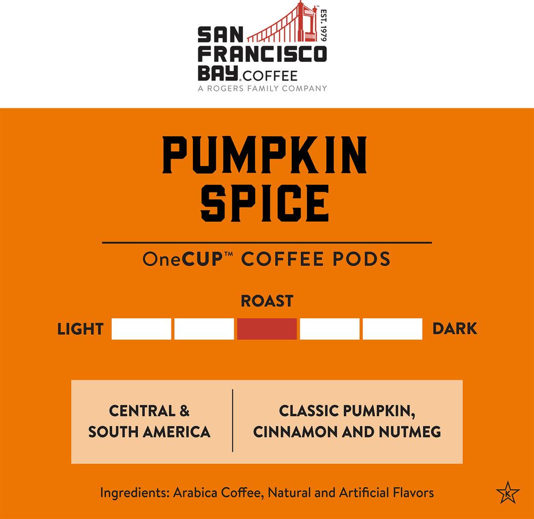 Pumpkin Spice OneCUP Coffee Pods. Medium Roast. Classic Pumpkin, Cinnamon and Nutmeg. Central & South America.