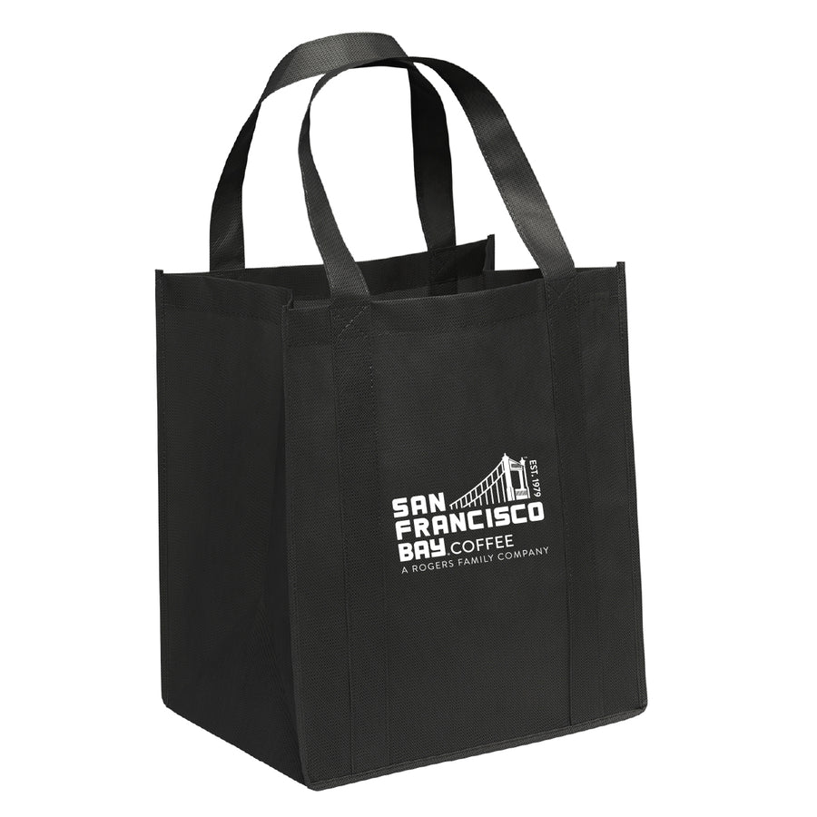 Our San Francisco Bay Coffee black tote bag is made from recycled materials: premium quality, non-woven polypropylene. 100% recyclable and reusable! Bag has dual reinforced 20" handles and plastic bottom insert.