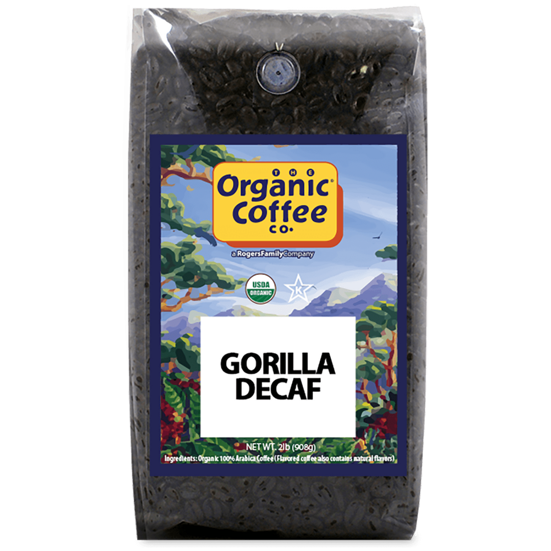 Organic Coffee Company. Gorilla Decaf. Medium-Light Roast. Whole Beans.
