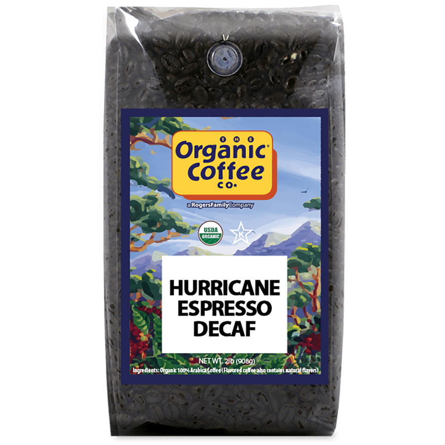 Organic Coffee Company. Hurricane Espresso Decaf. Medium-Dark Blend. Central America. Milk Chocolate, Dark Berries, and Brown Spice.