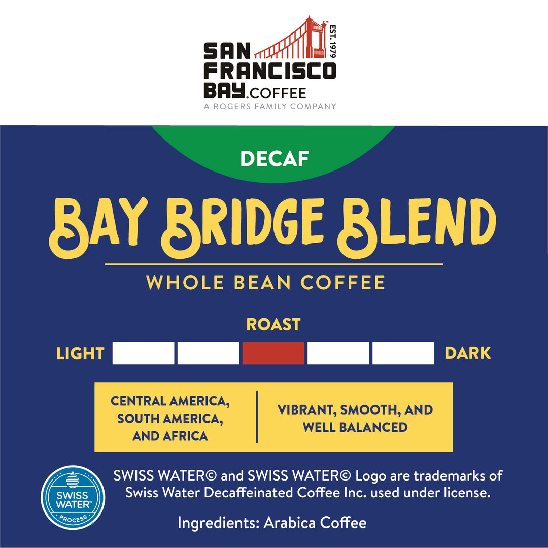 Decaf Bay Bridge Blend Whole Bean Coffee - Medium Roast - Vibrant, Smooth, and Well Balanced - Arabica Coffee from Central and South, and Africa