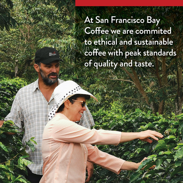 At San Francisco Bay Coffee we are committed to ethical and sustainable coffee with peak standards of quality and taste. Image of a couple touching coffee plants.