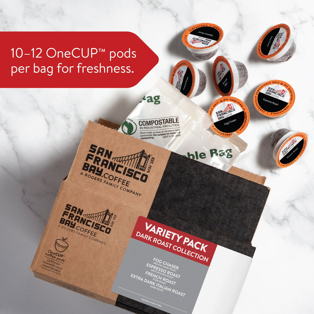 10-12 OneCUP pods per bag for freshness.