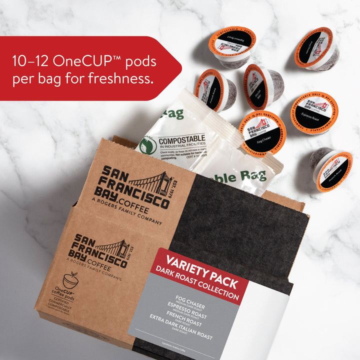 10-12 OneCUP pods per bag for freshness.