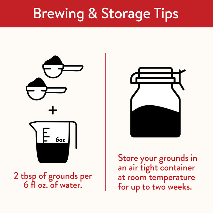 Brewing & storage tips. 2tbsp of grounds per 6 fluid ounces for water. Store your grounds in an airtight container at room temperature for up to two weeks.