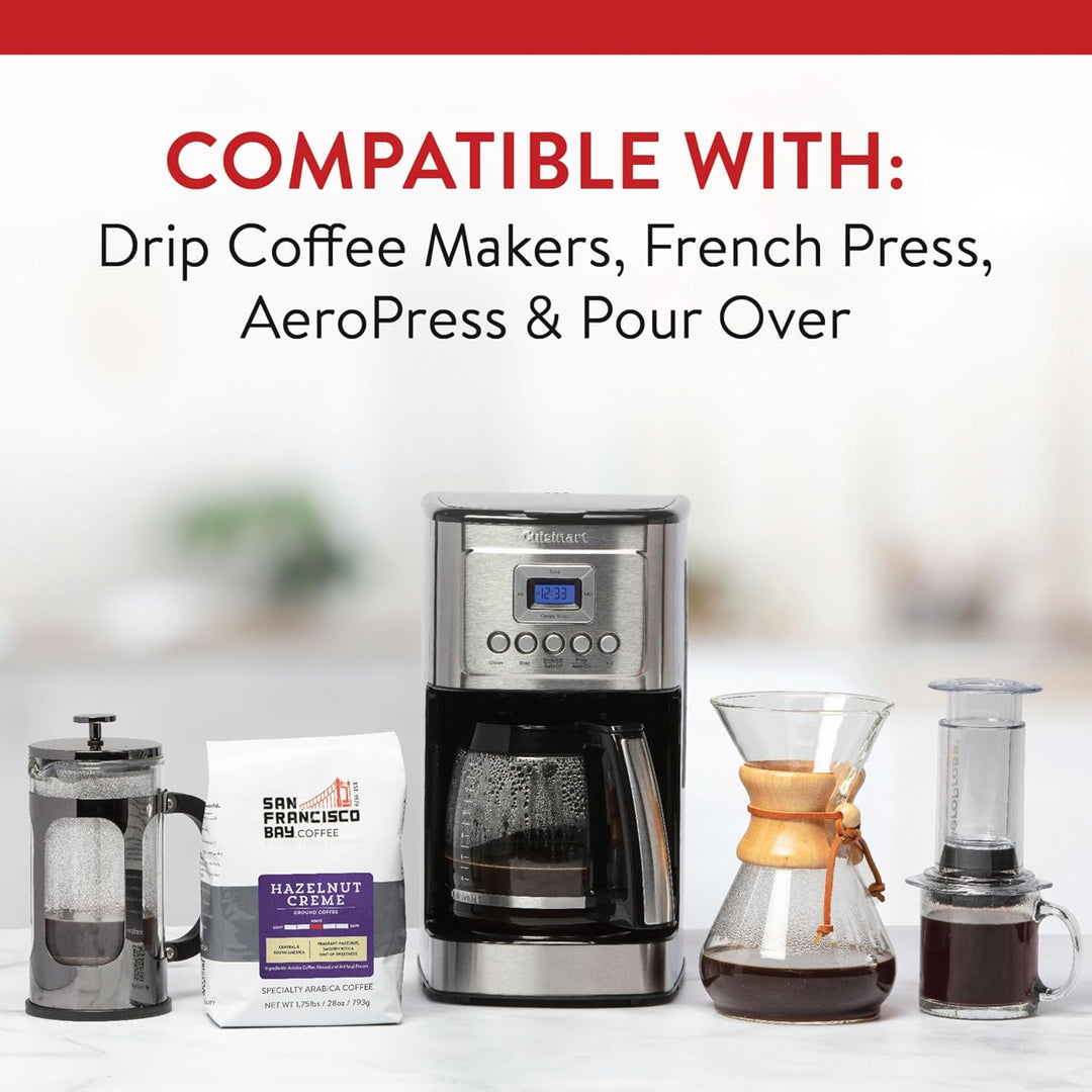 Compatible with Drip Coffee Makers, French Press, AeroPress & Pour Over. Image of various coffee making products.