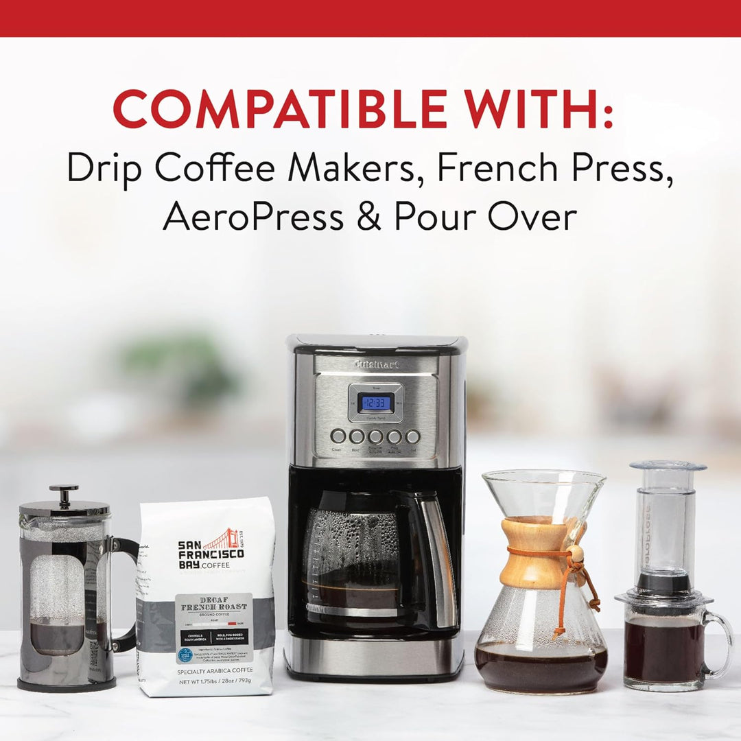 Compatible with Drip Coffee Makers, French Press, AeroPress & Pour Over. Image of various coffee making products.