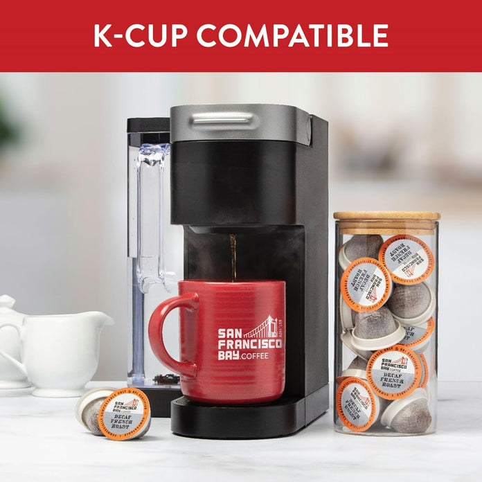 K-Cup compatible. Image of K-Cup brewer with SF Bay Coffee products.