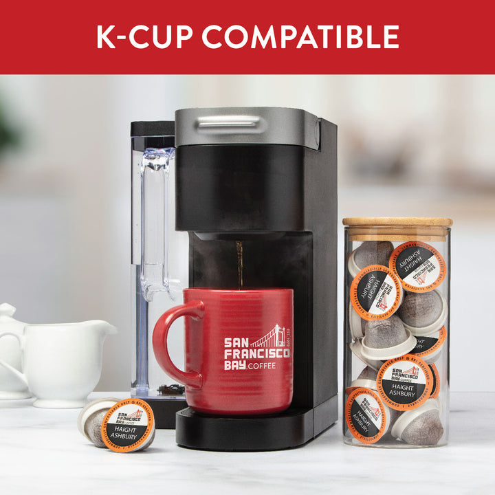 K-Cup compatible. Image of K-Cup brewer with SF Bay Coffee products.