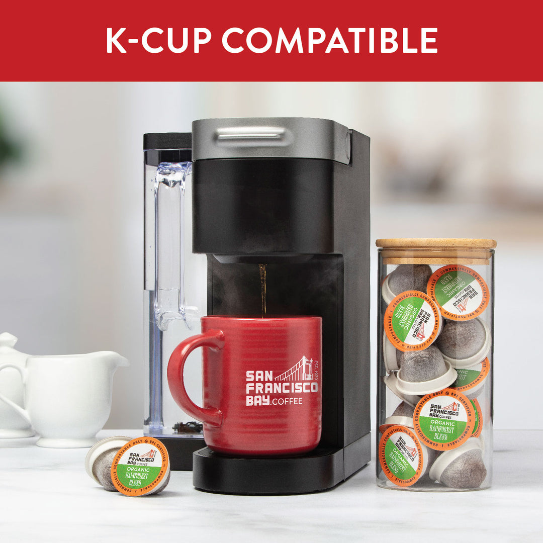 K-Cup compatible. Image of K-Cup brewer with SF Bay Coffee products.
