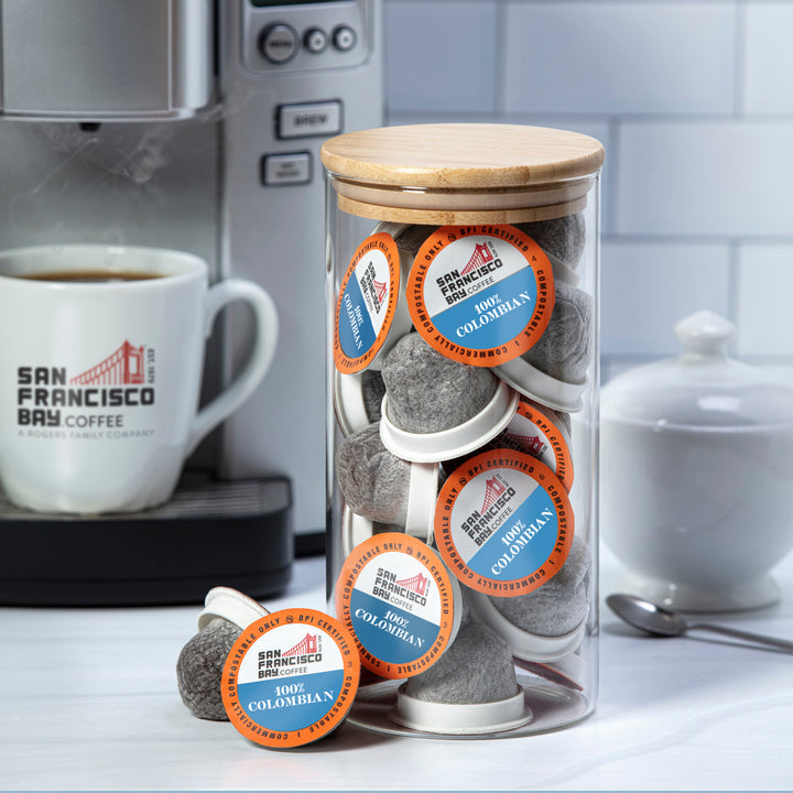 100% Colombian One Cup Coffee Pods in a Glass Jar