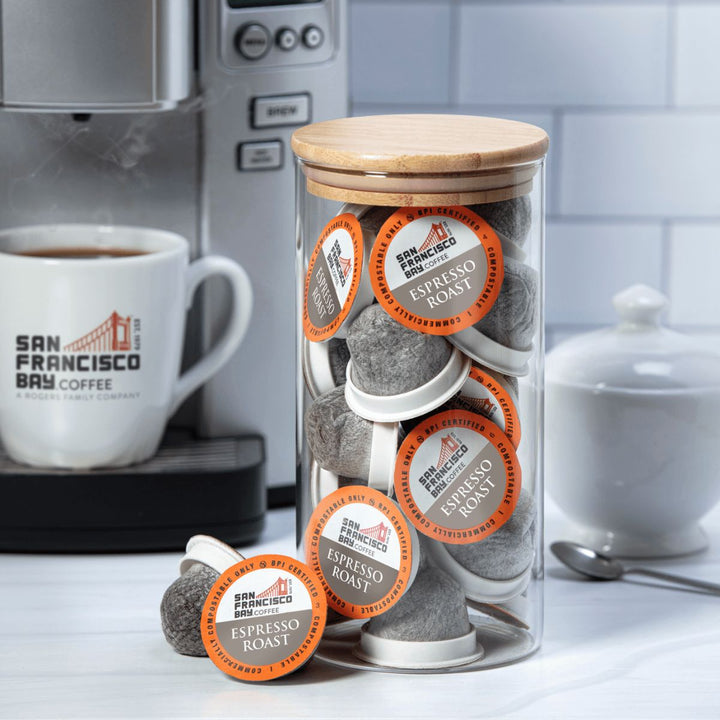 Espresso Coffee One Cup Coffee Pods in a Glass Jar