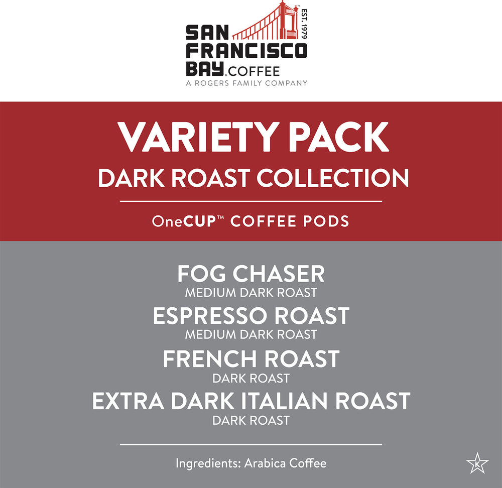 Variety Pack Coffee Pod Box Label - Dark Roast Collection - Fog Chaser, Espresso Roast, French Roast and Extra Dark Italian Roast Pods of Arabica Coffee