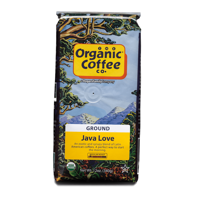 The Organic Coffee Company. Java Love Ground Coffee. Medium-Light Roast. Milk Chocolate, Cinnamon Spice and Caramelized Sugar. Central America.