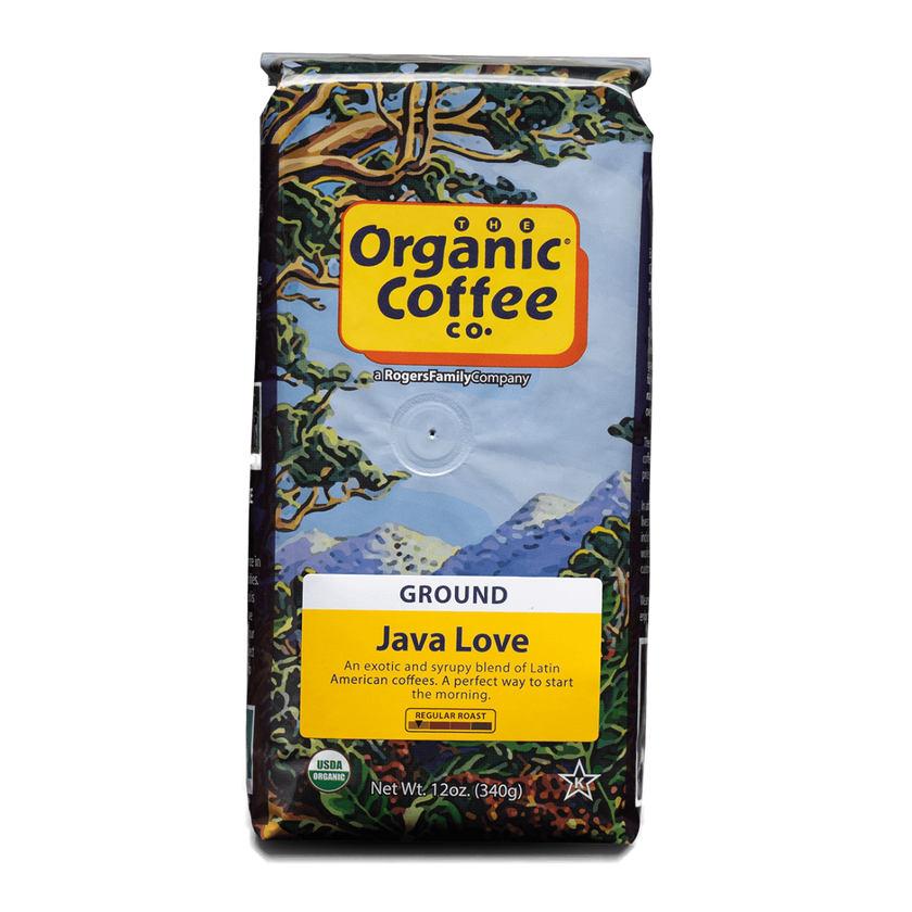 The Organic Coffee Company. Java Love Ground Coffee. Medium-Light Roast. Milk Chocolate, Cinnamon Spice and Caramelized Sugar. Central America.